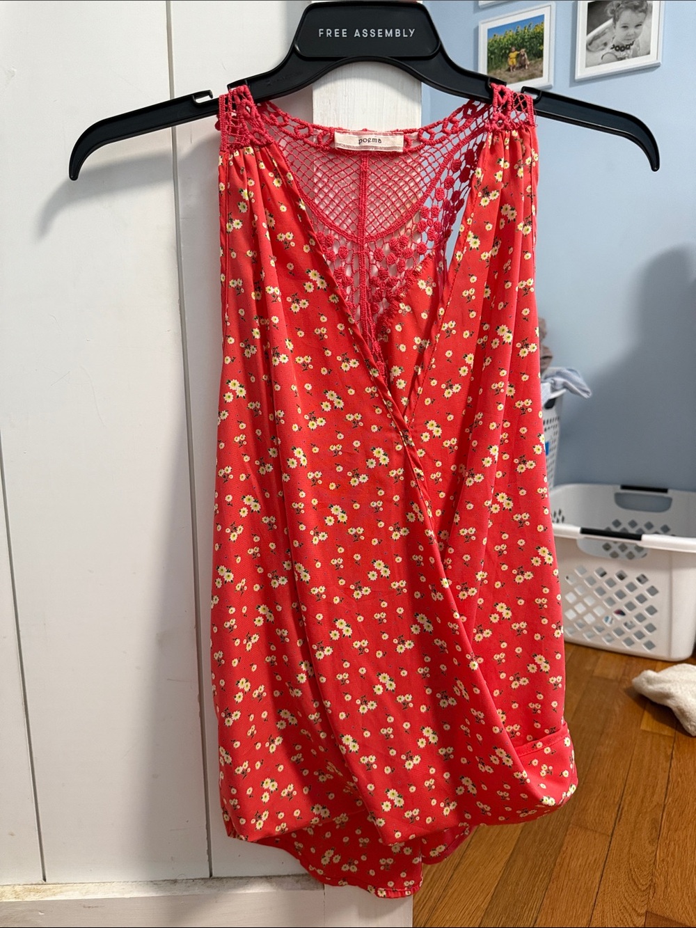 Poema Red Floral Crochet-Back Tank Top